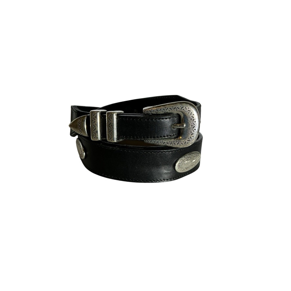 Vtg Brighton Women's Black Leather Concho Belt Size Large 44"x1.25" Western Boho